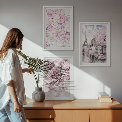 Wanddecoratie set schilderijen Bloemen in verschillende tinten roze landschap