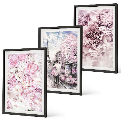 Wanddecoratie set schilderijen Bloemen in verschillende tinten roze landschap