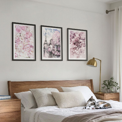 Wanddecoratie set schilderijen Bloemen in verschillende tinten roze landschap