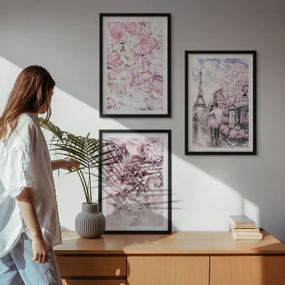 Wanddecoratie set schilderijen Bloemen in verschillende tinten roze landschap