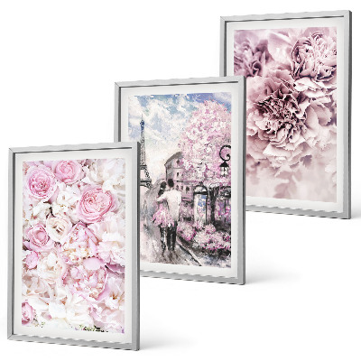 Wanddecoratie set schilderijen Bloemen in verschillende tinten roze landschap