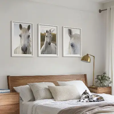 Wanddecoratie set schilderijen Witte paarden in de natuur