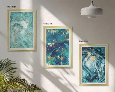 Set van schilderijen als wanddecoratie met abstracte verf in turquoise