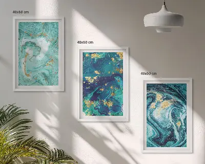 Set van schilderijen als wanddecoratie met abstracte verf in turquoise