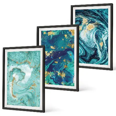 Set van schilderijen als wanddecoratie met abstracte verf in turquoise