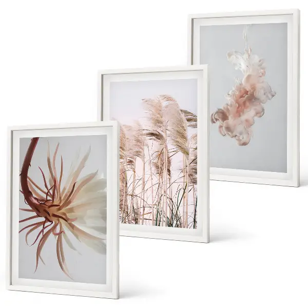Wanddecoratie set schilderijen grasbloemen met lichte achtergrond
