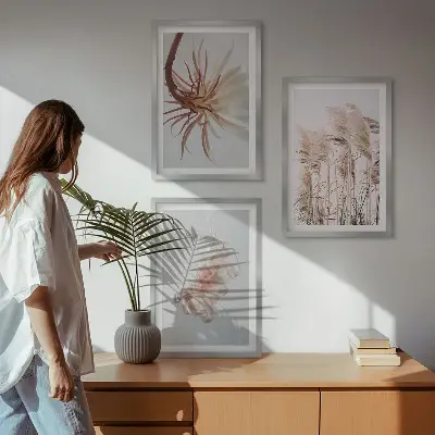 Wanddecoratie set schilderijen grasbloemen met lichte achtergrond