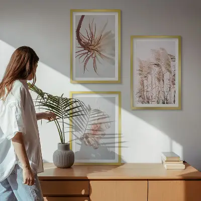 Wanddecoratie set schilderijen grasbloemen met lichte achtergrond