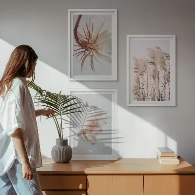 Wanddecoratie set schilderijen grasbloemen met lichte achtergrond