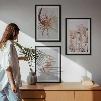 Wanddecoratie set schilderijen Grasbloemen lichte achtergrond set