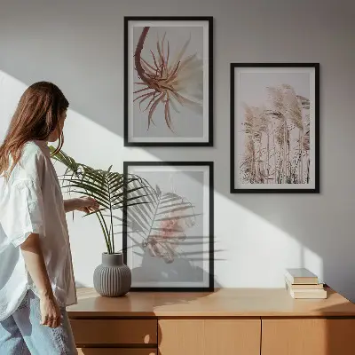 Wanddecoratie set schilderijen grasbloemen met lichte achtergrond