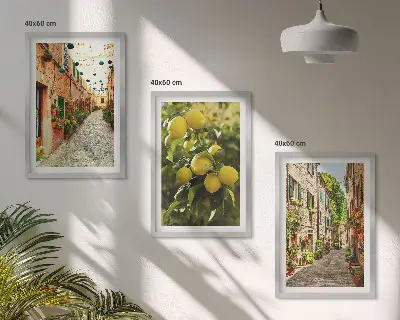 Wanddecoratie set schilderijen Straten met citroenbloemen op de achtergrond.
