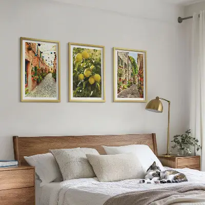 Wanddecoratie set schilderijen Straten met citroenbloemen op de achtergrond.