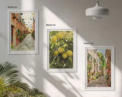 Wanddecoratie set schilderijen Straten met citroenbloemen op de achtergrond.