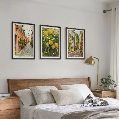 Wanddecoratie set schilderijen Straten met citroenbloemen op de achtergrond.