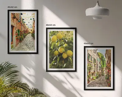 Wanddecoratie set schilderijen Straten met citroenbloemen op de achtergrond.