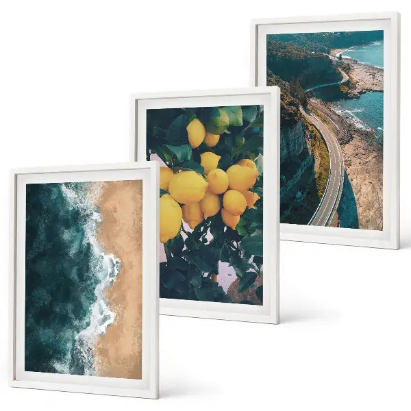 Wanddecoratieset schilderijen met afbeeldingen van zee strand citroenen en bergen