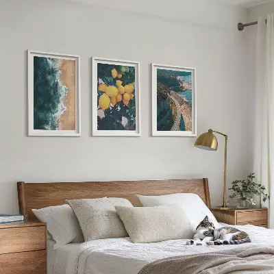 Wanddecoratieset schilderijen met afbeeldingen van zee strand citroenen en bergen