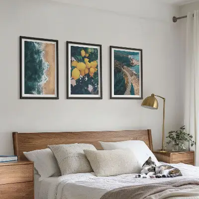 Wanddecoratieset schilderijen met afbeeldingen van zee strand citroenen en bergen