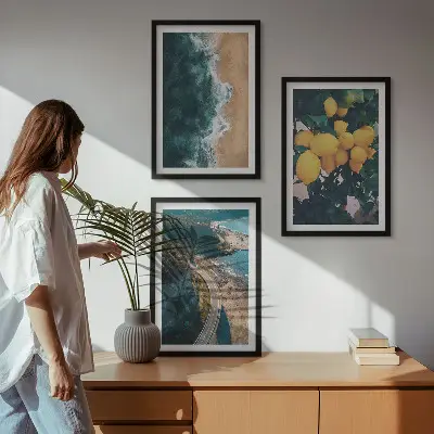Wanddecoratieset schilderijen met afbeeldingen van zee strand citroenen en bergen