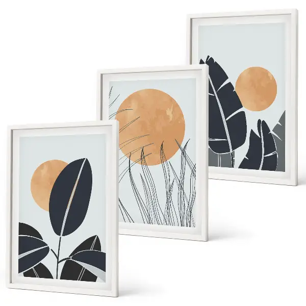 Wanddecoratieset met schilderijen minimalistische ontwerpen met grote zonnen in botanische stijl