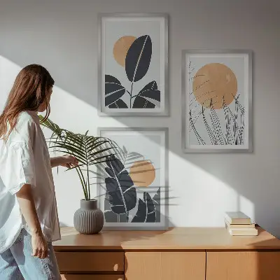 Wanddecoratieset met schilderijen minimalistische ontwerpen met grote zonnen in botanische stijl