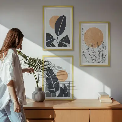 Wanddecoratieset met schilderijen minimalistische ontwerpen met grote zonnen in botanische stijl