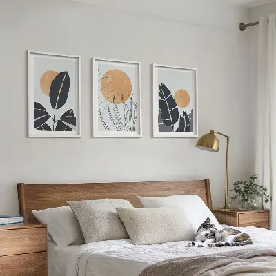 Wanddecoratieset met schilderijen minimalistische ontwerpen met grote zonnen in botanische stijl