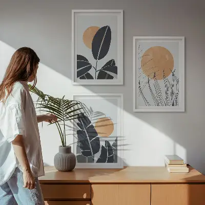 Wanddecoratieset met schilderijen minimalistische ontwerpen met grote zonnen in botanische stijl