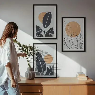 Wanddecoratieset met schilderijen minimalistische ontwerpen met grote zonnen in botanische stijl