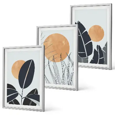 Wanddecoratieset met schilderijen minimalistische ontwerpen met grote zonnen in botanische stijl