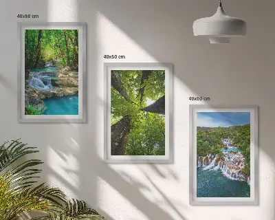 Wanddecoratieset schilderijen met afbeelding van watervallen in een groen bos