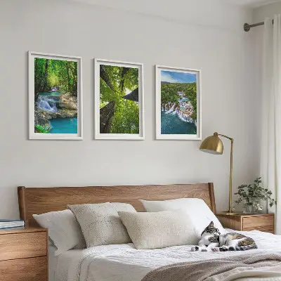 Wanddecoratieset schilderijen met afbeelding van watervallen in een groen bos