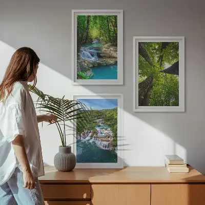 Wanddecoratieset schilderijen met afbeelding van watervallen in een groen bos