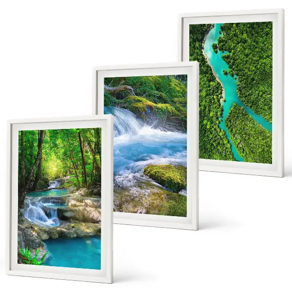 Wanddecoratieset schilderijen met afbeelding van groene bossen en kristalhelder water