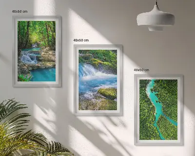 Wanddecoratieset schilderijen met afbeelding van groene bossen en kristalhelder water