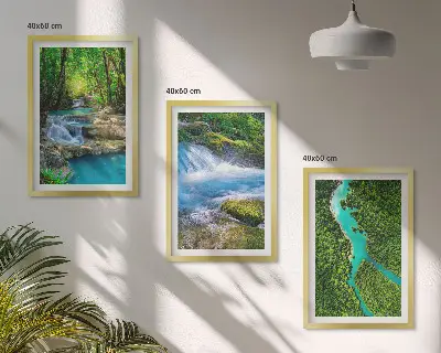 Wanddecoratieset schilderijen met afbeelding van groene bossen en kristalhelder water