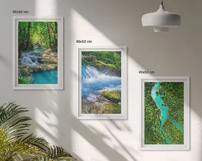 Wanddecoratieset schilderijen met afbeelding van groene bossen en kristalhelder water