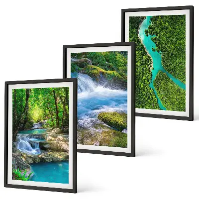 Wanddecoratieset schilderijen met afbeelding van groene bossen en kristalhelder water