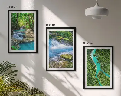 Wanddecoratieset schilderijen met afbeelding van groene bossen en kristalhelder water