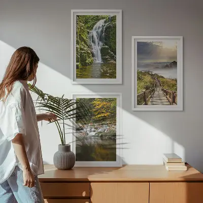 Wanddecoratieset schilderijen met watervallen bergen en herfstwolken