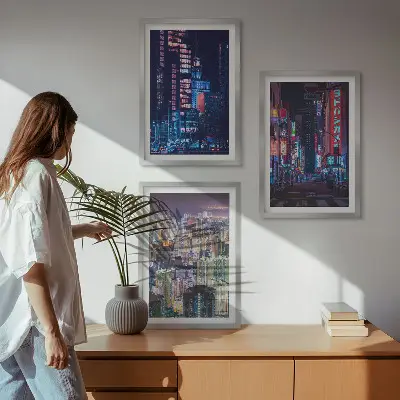 Wanddecoratieset schilderijen nachtelijke stad met neonverlichting