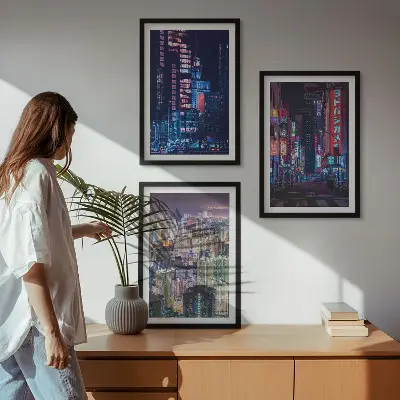 Wanddecoratieset schilderijen nachtelijke stad met neonverlichting