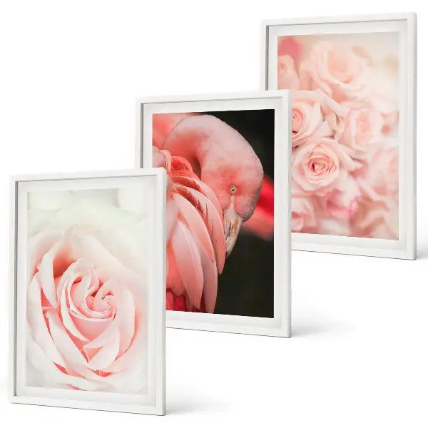 Wanddecoratieset schilderijen met zachte pastelkleurige rozen en flamingo's