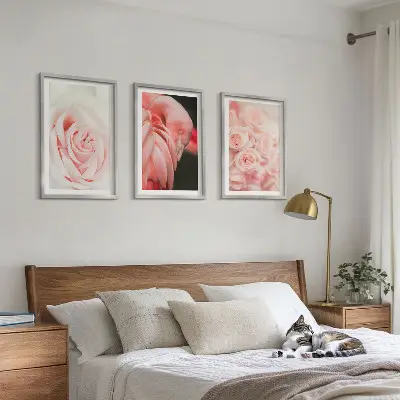 Wanddecoratieset schilderijen met zachte pastelkleurige rozen en flamingo's