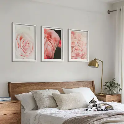 Wanddecoratieset schilderijen met zachte pastelkleurige rozen en flamingo's