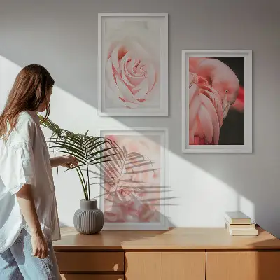 Wanddecoratieset schilderijen met zachte pastelkleurige rozen en flamingo's