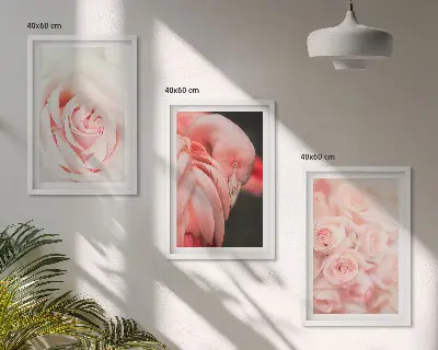 Wanddecoratieset schilderijen met zachte pastelkleurige rozen en flamingo's