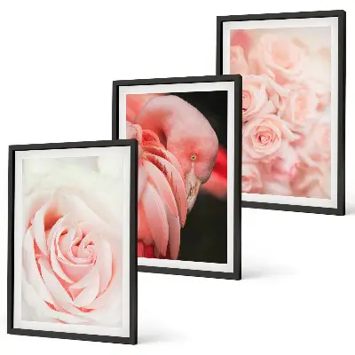 Wanddecoratieset schilderijen met zachte pastelkleurige rozen en flamingo's