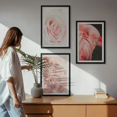 Wanddecoratieset schilderijen met zachte pastelkleurige rozen en flamingo's